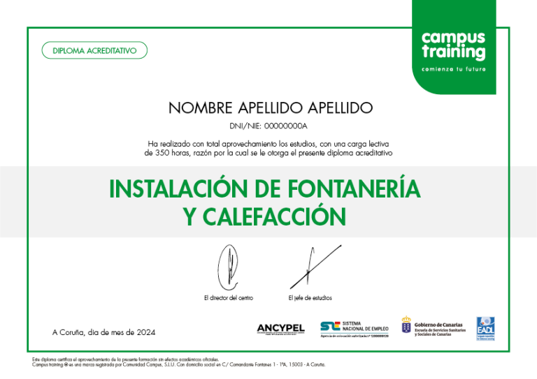Diploma del Curso de Especialista en Instalación de Fontanería y Calefacción