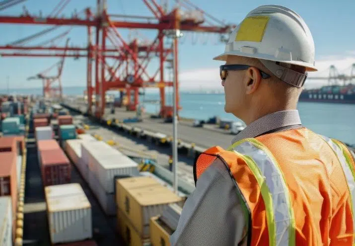 Trabajador con casco en un puerto mirando contendores.